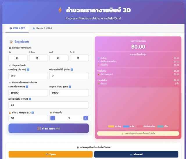 คำนวณราคางานพิมพ์ 3D