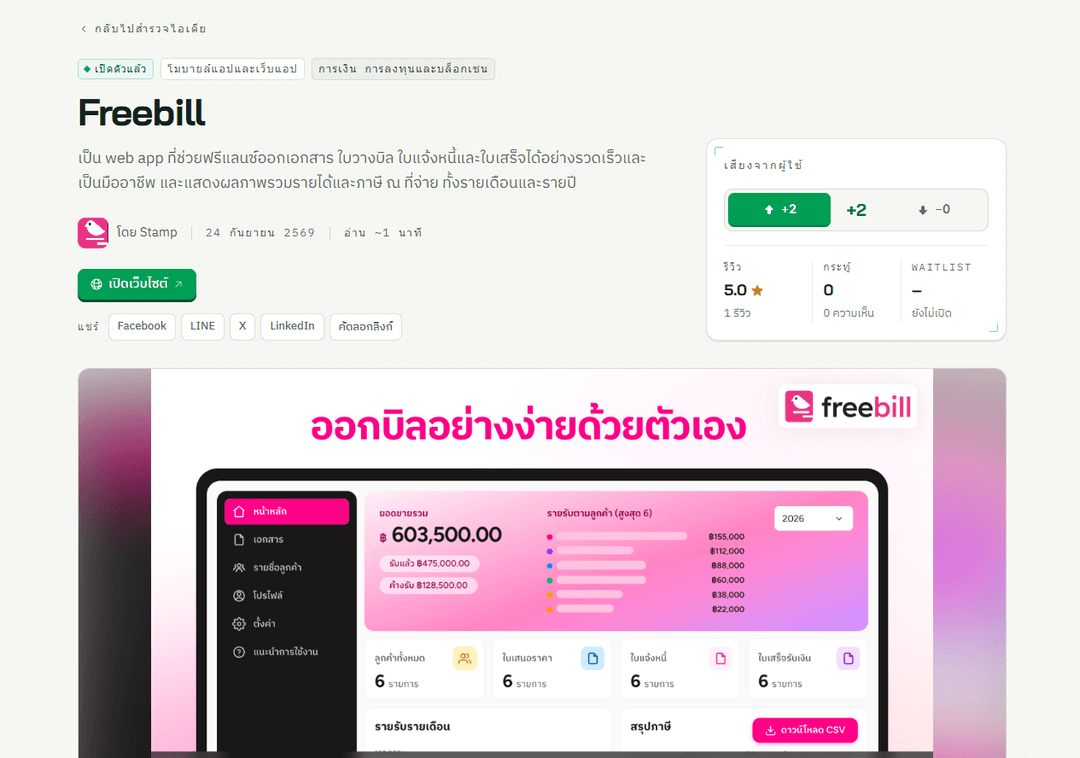 Freebill เปิดตัว Web App ฟรี ช่วยฟรีแลนซ์ออกใบเสนอราคา ใบแจ้งหนี้ และใบเสร็จในที่เดียว 💼